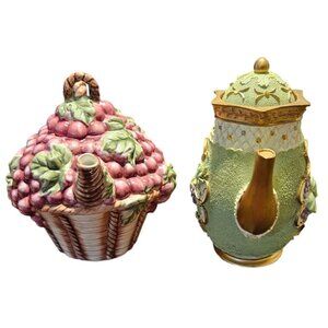 Tea Pot Kitchen Creations Ceramic Grapes Basket & Green Teapot Candle Holder